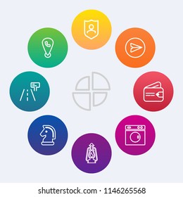 Modern, simple vector icon set on colorful circle backgrounds with equipment, protection, chart, cash, business, graph, security, vintage, mobile, finance, strategy, wallet, lantern, machine icons