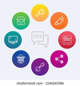 Modern, simple vector icon set on colorful circle backgrounds with hammer, safety, call, oven, industrial, sign, pliers, cartoon, equipment, danger, happy, repair, food, key, old, display, saw icons