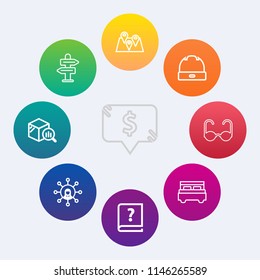 Modern, simple vector icon set on colorful circle backgrounds with screen, interior, head, double, arrow, graphic, report, gps, road, business, cap, label, finance, pen, bed, sunglasses, frame icons