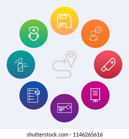 Modern, simple vector icon set on colorful circle backgrounds with cargo, doctor, professional, map, healthcare, travel, kitchen, road, fashion, business, hospital, location, time, tape, gps icons