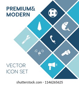 Modern, simple vector icon set on blue colorful background with internet, sea, animal, spanner, food, power, mobile, call, game, wrench, sun, hammer, fishing, necktie, repair, sign, screwdriver icons