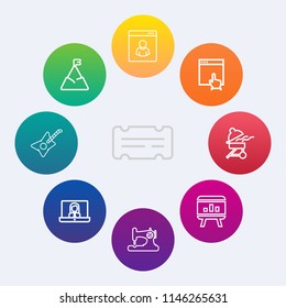 Modern, simple vector icon set on colorful circle backgrounds with website, sew, movie, fashion, white, entertainment, event, machine, landscape, chart, video, musical, click, chain, guitar, bbq icons