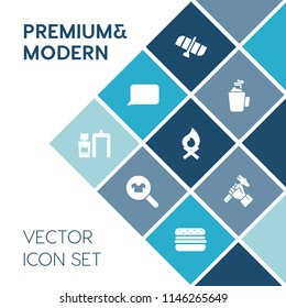 Modern, simple vector icon set on blue colorful background with clothing, fashion, drink, lifestyle, store, bonfire, talk, hamburger, helmet, station, female, bubble, campfire, builder, shopping icons