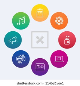 Modern, simple vector icon set on colorful circle backgrounds with safe, pretty, internet, helm, pass, money, nautical, music, lens, web, phone, loudspeaker, business, note, safety, graphic, one icons