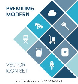 Modern, simple vector icon set on blue colorful background with satellite, chef, play, package, object, internet, kitchen, food, spaceship, cooking, pan, game, cargo, chair, water, knife, poker icons