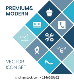 Modern, simple vector icon set on blue colorful background with book, record, audio, shoe, industrial, web, tape, flame, dessert, retro, sign, phone, tool, reparation, fashion, music, cassette icons