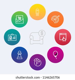 Modern, simple vector icon set on colorful circle backgrounds with mouse, chess, instrument, click, furniture, game, profile, sale, modern, balloon, receipt, string, big, website, sofa, clock icons