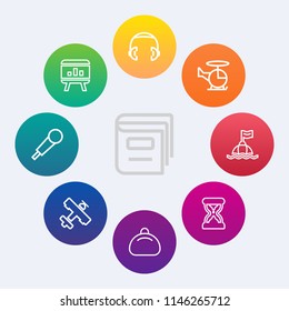 Modern, simple vector icon set on colorful circle backgrounds with water, plane, style, flight, leather, audio, transport, bag, library, clock, life, textbook, buoy, business, literature, sand icons