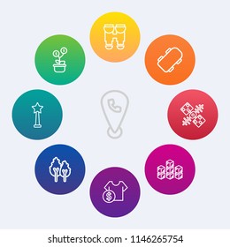 Modern, simple vector icon set on colorful circle backgrounds with storage, phone, travel, industrial, nature, global, landscape, mobile, internet, green, warehouse, forest, distribution, view icons