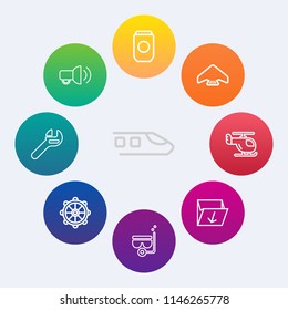 Modern, simple vector icon set on colorful circle backgrounds with metal, rail, sky, wheel, extreme, jump, travel, railroad, rubbish, rudder, trash, waste, parachuting, box, snorkel, air, track icons