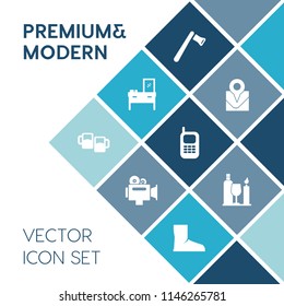 Modern, simple vector icon set on blue colorful background with telephone, travel, home, saw, sign, video, location, interior, movie, pin, bar, map, room, wine, boot, mobile, repair, place, pub icons