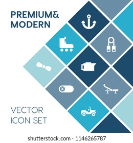 Modern, simple vector icon set on blue colorful background with vehicle, electric, control, marine, bow, skate, anchor, nautical, gift, metal, turn, fun, caffeine, retro, person, roller, off icons
