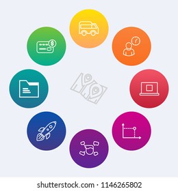 Modern, simple vector icon set on colorful circle backgrounds with web, rocket, card, move, man, city, finance, hour, location, business, highway, travel, sign, space, paper, folder, blank, gps icons