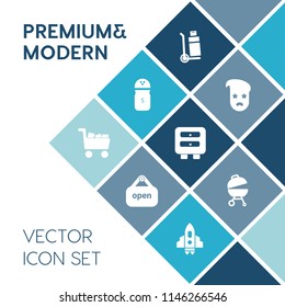 Modern, simple vector icon set on blue colorful background with cooking, style, fashion, business, food, art, drawer, store, kitchen, shop, service, technology, old, retro, sign, rocket, black icons