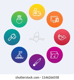 Modern, simple vector icon set on colorful circle backgrounds with tv, laboratory, office, garbage, antenna, card, pen, hammer, trumpet, tool, life, lab, surfer, water, musical, stationery, sea icons