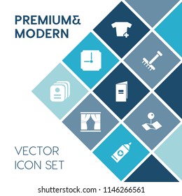 Modern, simple vector icon set on blue colorful background with identity, card, hygiene, shirt, id, brush, location, time, clean, timer, raking, brochure, autumn, clothing, book, house, travel icons