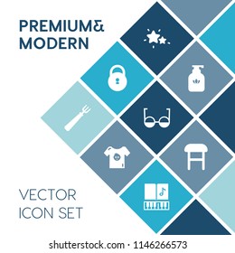 Modern, simple vector icon set on blue colorful background with universe, key, blue, protection, kid, boy, note, armchair, galaxy, comfortable, clothing, sky, sign, wash, hygiene, bottle, home icons