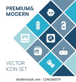 Modern, simple vector icon set on blue colorful background with game, transportation, antenna, jam, baby, human, communication, light, child, privacy, joystick, road, concept, signal, music, red icons