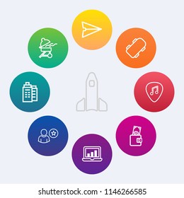 Modern, simple vector icon set on colorful circle backgrounds with rocket, music, email, skateboard, white, musical, building, business, house, estate, food, wallet, profile, space, barbecue icons