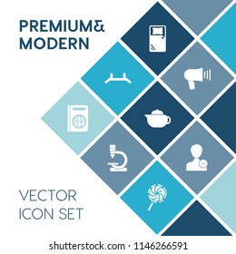 Modern, simple vector icon set on blue colorful background with background, message, stand, sweet, hot, candy, speaker, avatar, drink, loud, biology, lollipop, tea, profile, research, bed, user icons