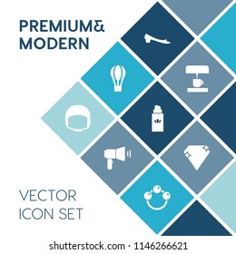 Modern, simple vector icon set on blue colorful background with beauty, cup, gem, silhouette, transport, jewel, diamond, perfume, rattle, machine, worker, bottle, work, building, infant, message icons
