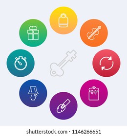 Modern, simple vector icon set on colorful circle backgrounds with musical, professional, old, ribbon, refresh, fashion, reload, table, time, person, security, shovel, surprise, package, watch icons