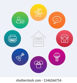 Modern, simple vector icon set on colorful circle backgrounds with profile, tshirt, web, online, message, shop, network, social, tower, building, chat, landmark, internet, supermarket, cart, sky icons