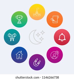 Modern, simple vector icon set on colorful circle backgrounds with sign, victory, audio, bell, pen, moonlight, estate, star, headset, field, medieval, science, music, list, paper, tower, pole icons