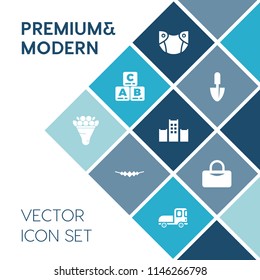 Modern, simple vector icon set on blue colorful background with decoration, nappy, construction, child, diaper, kid, gardening, gem, newborn, shovel, necklace, work, education, infant, girl, fun icons
