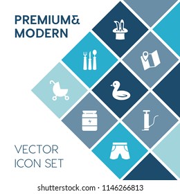 Modern, simple vector icon set on blue colorful background with knife, fork, carriage, child, sky, wand, pump, pin, fashion, animal, stroller, road, pram, kitchen, healthy, cooking, gps, nature icons