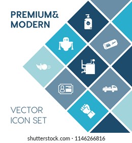 Modern, simple vector icon set on blue colorful background with business, trip, little, plane, flight, kid, card, robot, ticket, sport, child, travel, future, fun, robotic, pin, childhood, desk icons