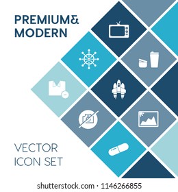 Modern, simple vector icon set on blue colorful background with television, no, image, coffee, clothes, man, sugar, boat, ship, cafe, marine, camera, hot, helm, picture, photo, brown, medical icons