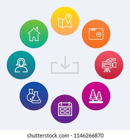 Modern, simple vector icon set on colorful circle backgrounds with equipment, map, video, travel, nature, button, arrow, file, website, camera, blank, lens, environment, woman, house, estate icons