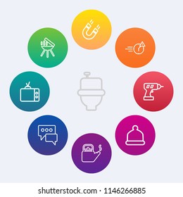 Modern, simple vector icon set on colorful circle backgrounds with room, science, bbq, tv, chat, sanitary, hygiene, hat, magnetic, toilet, screen, cap, night, cooking, video, wc, work, man, meat icons