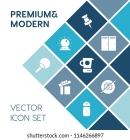Modern, simple vector icon set on blue colorful background with bow, present, interior, pepper, marker, pin, kitchen, white, magic, sorcery, leisure, door, house, gift, home, photo, open, camera icons