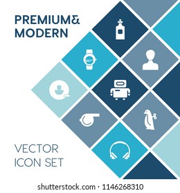 Modern, simple vector icon set on blue colorful background with smart, sound, modern, glass, sign, drink, robot, web, object, equipment, remove, children, alcohol, toy, watch, whistle, judge icons