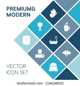 Modern, simple vector icon set on blue colorful background with drink, beverage, jersey, tea, parachute, cap, sport, traditional, parachuting, japanese, jump, espresso, bathroom, sensu, clothes icons
