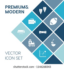 Modern, simple vector icon set on blue colorful background with flipper, tie, object, elegance, game, sport, action, dinner, air, train, conditioner, football, camera, food, data, fashion, grass icons