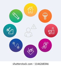 Modern, simple vector icon set on colorful circle backgrounds with map, up, destination, home, water, wine, paddle, bat, extreme, web, alcohol, architecture, sky, canoe, wood, estate, alarm, red icons