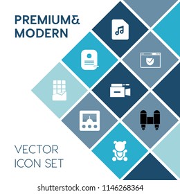 Modern, simple vector icon set on blue colorful background with element, camera, identity, microphone, melody, lock, wave, video, security, internet, rocket, business, food, antenna, bar, teddy icons