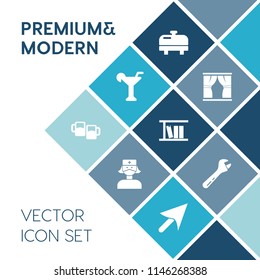 Modern, simple vector icon set on blue colorful background with foam, hammer, liquid, library, lager, interior, glass, martini, cursor, doctor, health, equipment, cold, beverage, screwdriver icons