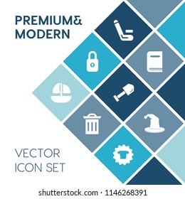 Modern, simple vector icon set on blue colorful background with book, clothes, trash, rubbish, lock, equipment, cricket, championship, literature, waste, fashion, sign, ocean, container, safety icons