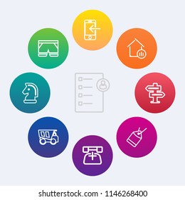 Modern, simple vector icon set on colorful circle backgrounds with real, paper, document, business, dump, work, telephone, horse, chessboard, employee, mobile, short, label, room, job, shorts icons