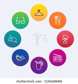 Modern, simple vector icon set on colorful circle backgrounds with summer, clothes, web, shop, palm, eyeglasses, collection, restaurant, drill, hanger, lens, online, radio, record, eye, kitchen icons