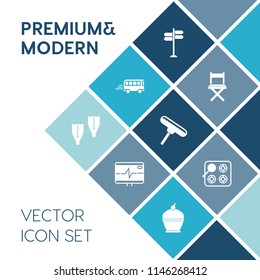 Modern, simple vector icon set on blue colorful background with stove, sweet, street, gas, cake, road, speed, sea, life, pie, sign, seat, bus, heartbeat, travel, dessert, kitchen, heat, sport icons