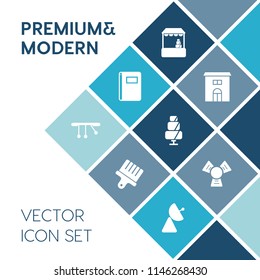 Modern, simple vector icon set on blue colorful background with paintbrush, background, grocery, city, food, page, paper, real, business, cooler, market, buy, antenna, white, estate, drawing icons