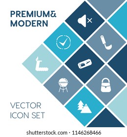 Modern, simple vector icon set on blue colorful background with flight, gym, yes, check, cook, utensil, correct, nature, sound, fitness, grilling, fire, cooking, bbq, bag, treadmill, grilled icons