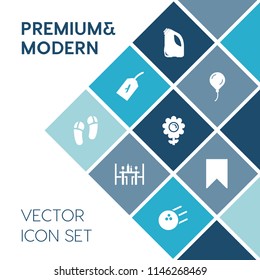 Modern, simple vector icon set on blue colorful background with plate, fly, web, flower, garbage, container, bowling, plane, pin, slipper, book, floral, happy, food, ball, bright, bookmark, star icons