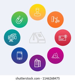 Modern, simple vector icon set on colorful circle backgrounds with credit, salon, phone, house, card, construction, fashion, magnet, roofing, human, roof, profile, tripod, hair, real, dolphin icons