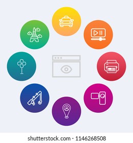 Modern, simple vector icon set on colorful circle backgrounds with page, cooler, button, computer, location, reel, rod, technology, player, travel, video, fan, eiffel, fish, architecture, europe icons